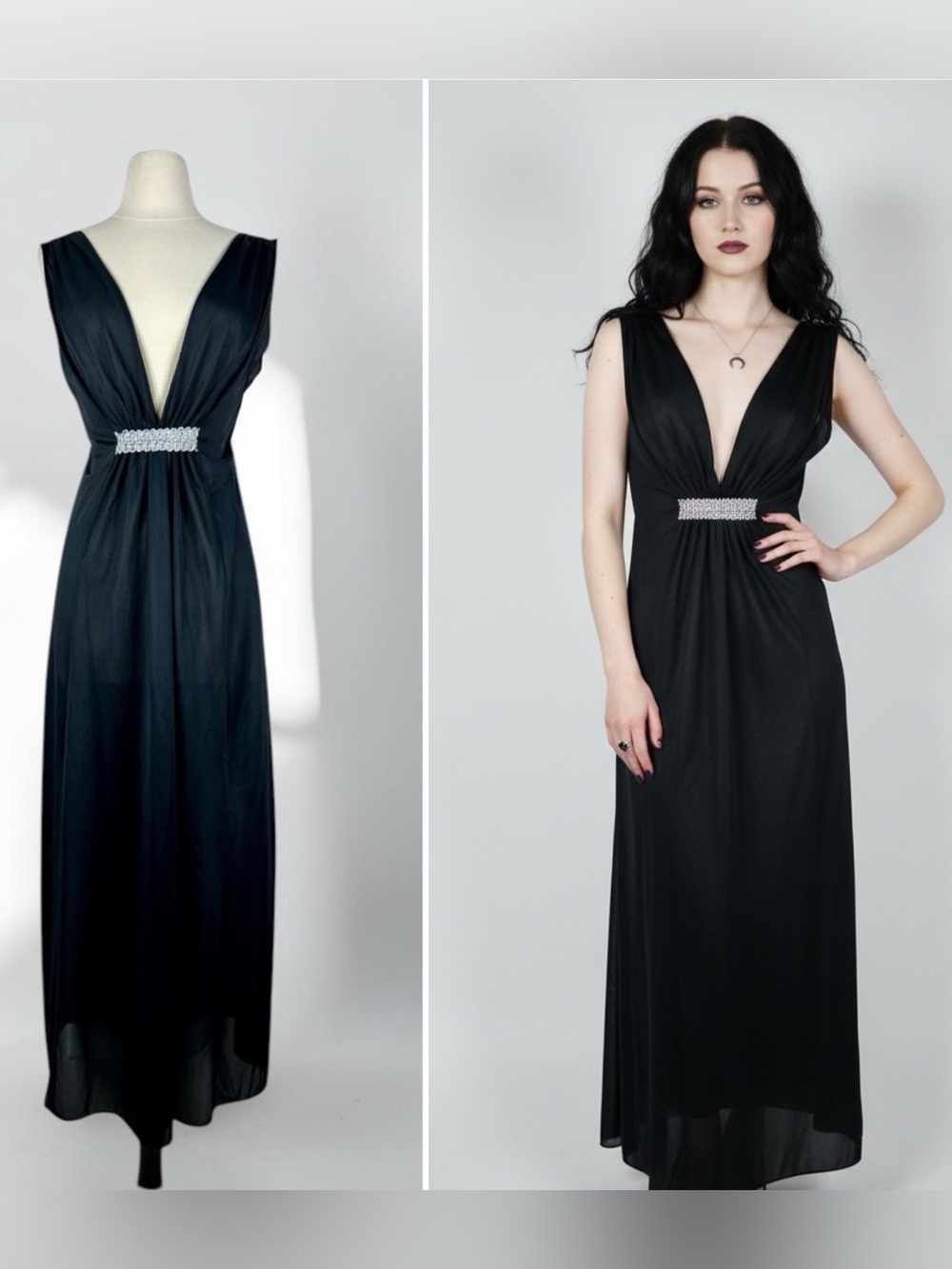 Vintage Black Nylon Maxi Slip Dress Small Empire Waist Nightgown Whimsigoth 60s